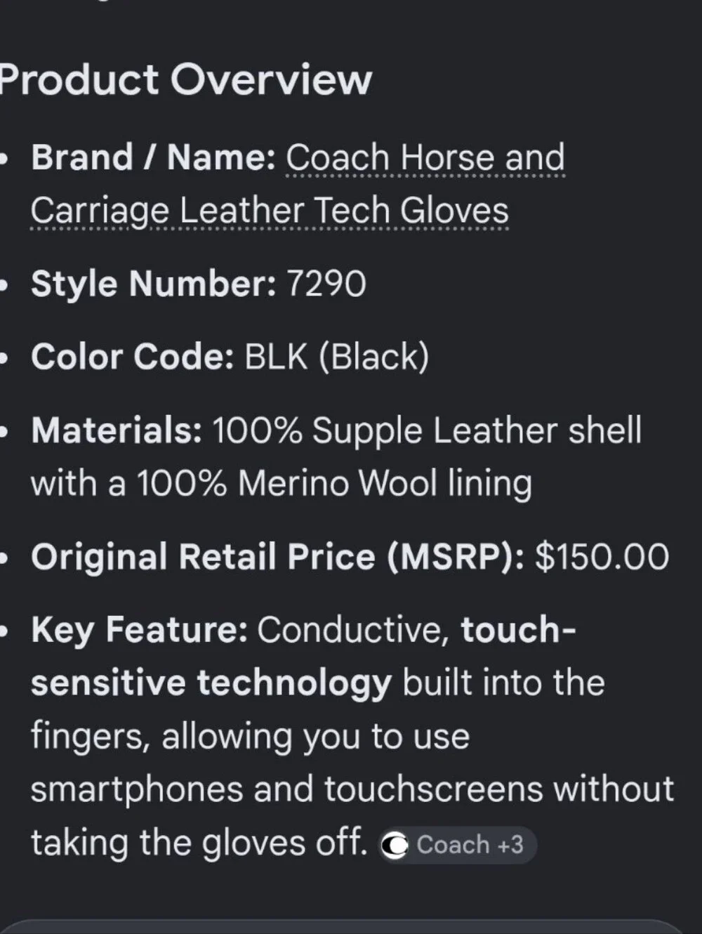 Coach Black Leather Horse And Carriage Tech Gloves NWT